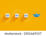 Blue paper boat sailing on dotted line through years 2023, 2024, and 2025 on yellow background representing new year goals.