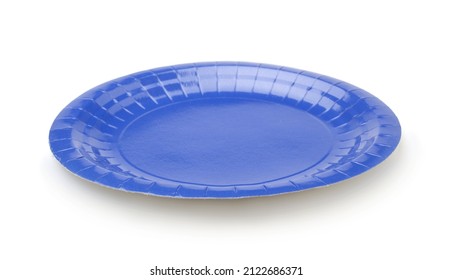 Blue paper disposable plate isolated on white. Side view.