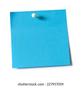 Blue Paper Note Pad Attached With Push Pin On White Background