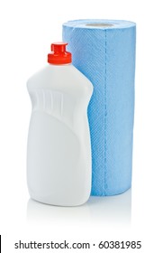 Blue Paper Towel And Kitchen Cleaner Bottle Isolated