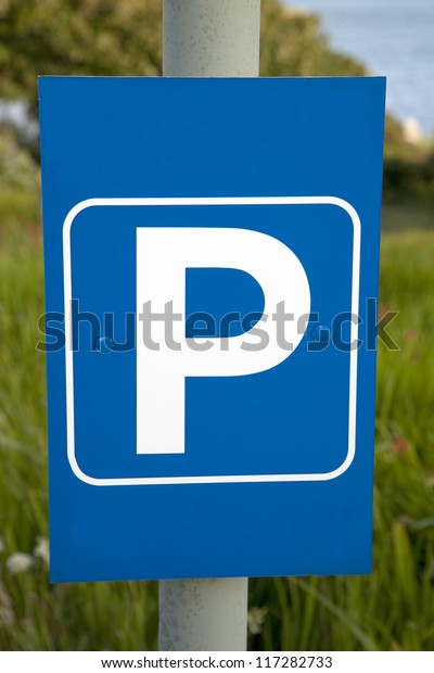 Blue Parking Lot Sign\
in Rural Setting