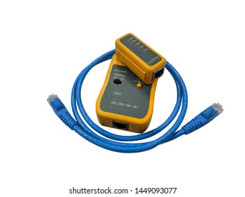 Blue patch cable with yellow cable tester.