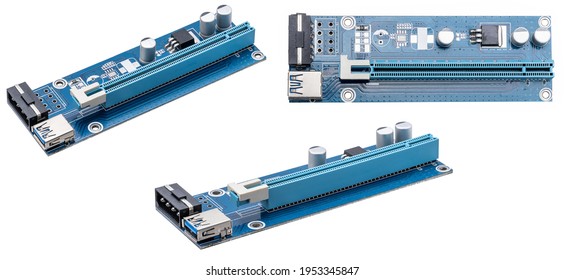 blue pci riser extender adapter isolated on white background. mining equipment cut out.