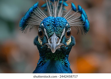 Blue peacock in the wild. Beautiful extreme close-up. Sri Lanka.