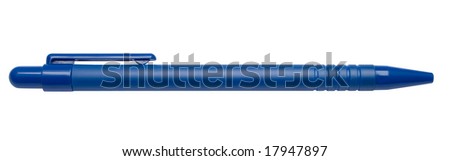 A blue pen with clipping path on white.