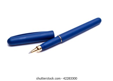 Blue Pen Closeup On A White Background