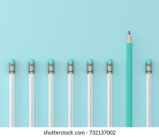 blauer Stift und weißer Stift auf blauem, pastellfarbenem Hintergrund. minimales kreatives Konzept. Die Vorstellung von der Unternehmensführung, denke anders.