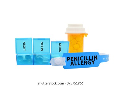 Blue Penicillin Allergy Bracelet Bottle Prescription Pills Pill Organizer Container Isolated On White Background