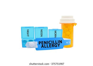 Blue Penicillin Allergy Bracelet Bottle Prescription Pills Organizer Container Isolated On White Background