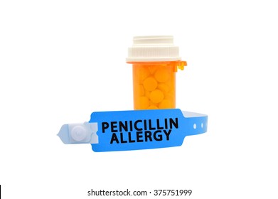 Blue Penicillin Allergy Bracelet Bottle Prescription Pills Isolated On White Background