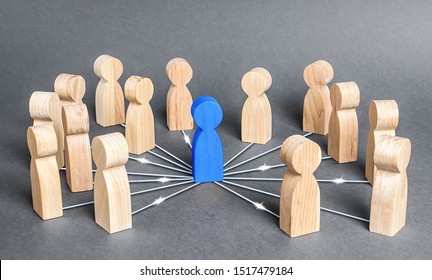 The Blue Person Is Connected With Employees By Wide Network Of Lines. At The Center Of A Complex Large System. Communication Social. Cooperation, Collaboration. Project Leadership Personnel Management