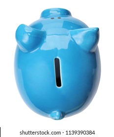 Blue piggy bank on white background, top view. Money saving