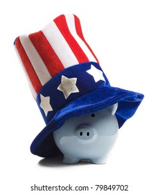 Blue Piggy Bank Wearing Patriot Hat. Saving For The Tax