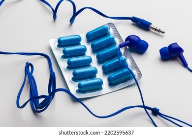 Blue Pills And Blue Headphones, Music Therapy Concept