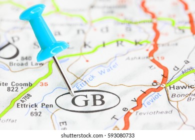 Blue Pin On Route Map Great Britain.