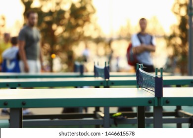 Blue Ping Pong Table Outdoors. Table Tennis Equipment In Park. Side View, Product Display