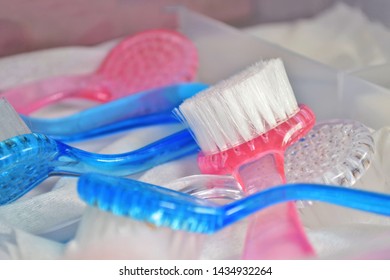 Blue And Pink Brushes For Hardware Manicure And Pedicure In Desk Drawer, Dry After Sterilization