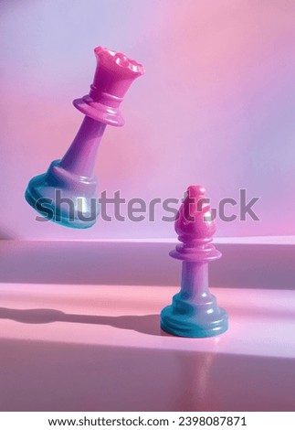 A Blue and Pink Gradient Queen Chess Piece Floating Over Bishop Chess Piece in Board Game strategy Scene on a Pink and Purple Pastel Background
