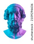 Blue pink gypsum copy of ancient statue Homer head for artists. Plaster antique sculpture of human face. Ancient greek poet and philosopher Homer is the legendary author of the poems Iliad and Odyssey