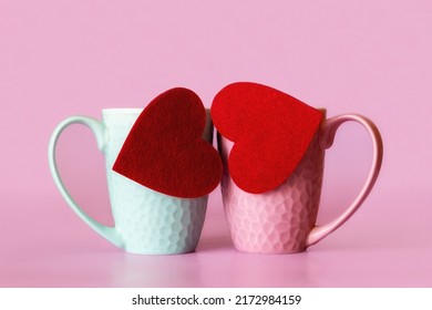 Blue And Pink Mugs With Hearts In The Form Of A Kiss Concept World Kissing Day