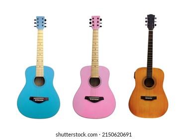 Blue, Pink, Natural Brown Acoustic Guitar Isolated on White Background. 