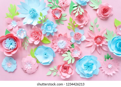 Blue And Pink Paper Flowers On The Pink Background