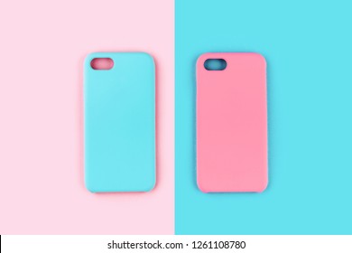 Blue And Pink Pastel Color Of Phone Case On Colorful Background