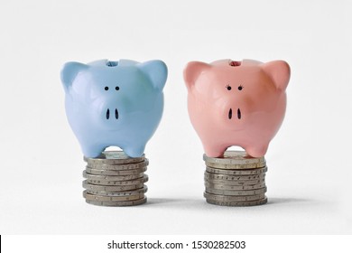 Blue And Pink Piggy Bank On Stack Of Coins - Gender Pay Equality Concept