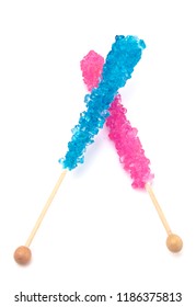 Blue And Pink Rock Candy On A Stick On A White Background