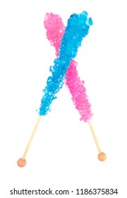 Blue And Pink Rock Candy On A Stick On A White Background