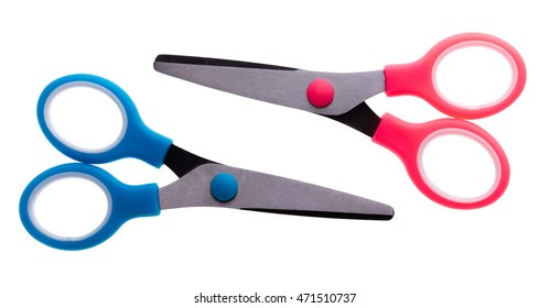 Blue and pink scissors isolated on white background