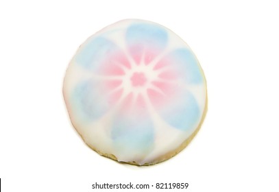 A Blue, Pink, And White Flower Designed Frosted Sugar Cookie.