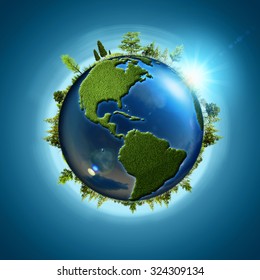 Blue planet. Abstract eco backgrounds with Earth globe and forest