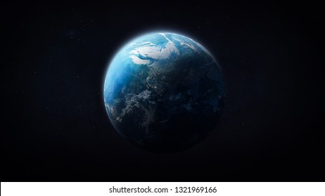 Blue Planet Earth In Darkness. Outer Space. Our Home. Elements Of This Image Furnished By NASA