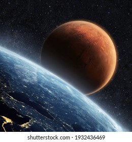 Blue Planet Earth With Lights Of Night Cities, View From Space. Red Planet Mars In The Starry Sky. Two Planets In Outer Space. Travel From Earth To Mars, Concept