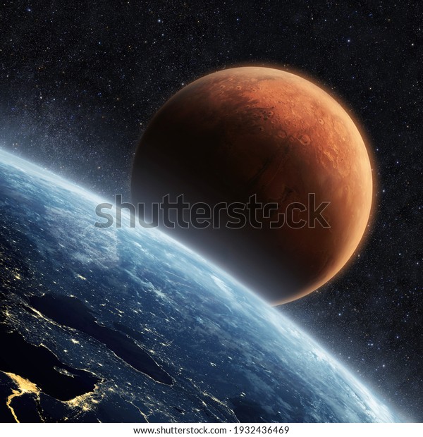 Blue planet earth with lights\
of night cities, view from space. Red Planet Mars in the starry\
sky. Two planets in outer space. Travel from Earth to Mars,\
concept