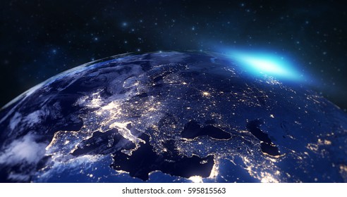 Blue Planet Earth From Space Showing Europe Continent At Night, Globe World With Blue Glow Edge And Sun Light Sunrise On Space In A Star Field Background, Some Elements Of This Image Furnished By NASA