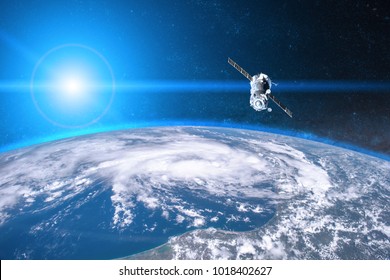 Blue planet Earth. Spacecraft launch into space. Elements of this image furnished by NASA.