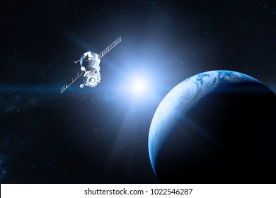 Blue planet Earth. Spacecraft launch into space. Elements of this image furnished by NASA.