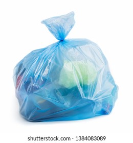 Blue Plastic Bag Full Of Trash On White Background, Isolated