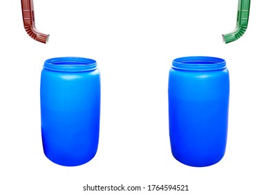 Blue plastic barrel and pipe for collecting rainwater set front view isolated on a white background. Smart water eco home idea. Ecosystem concept.