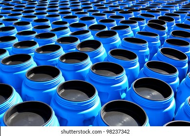 The Blue Plastic Barrels For Storage Of Chemicals