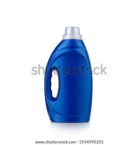 Blue plastic bottle with cap isolated on white background for liquid detergent laundry or cleaning agent