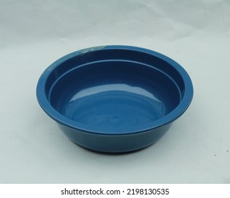 Blue Plastic Bowl Isolated On White. Small Size Basin