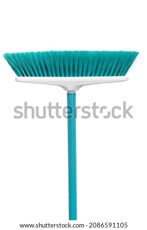 Blue plastic bristle broom on white background