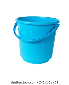 A blue plastic bucket insulated on a white background. A container for storing liquids.