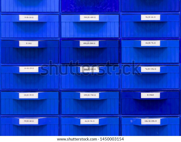 Blue Plastic Cabinet Organizer Labeled Drawers Stock Photo Edit