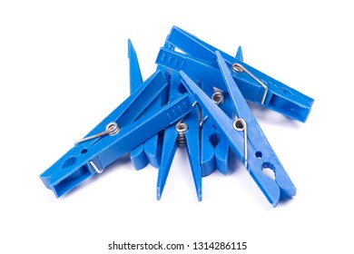 Blue plastic clothespins isolated on white background