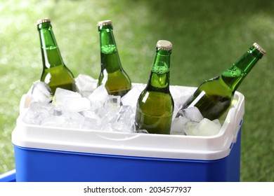 Blue Plastic Cool Box With Bottles Of Beer And Ice Cubes On Blurred Green Background