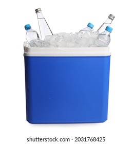 Blue Plastic Cool Box With Ice Cubes And Bottles Of Water On White Background